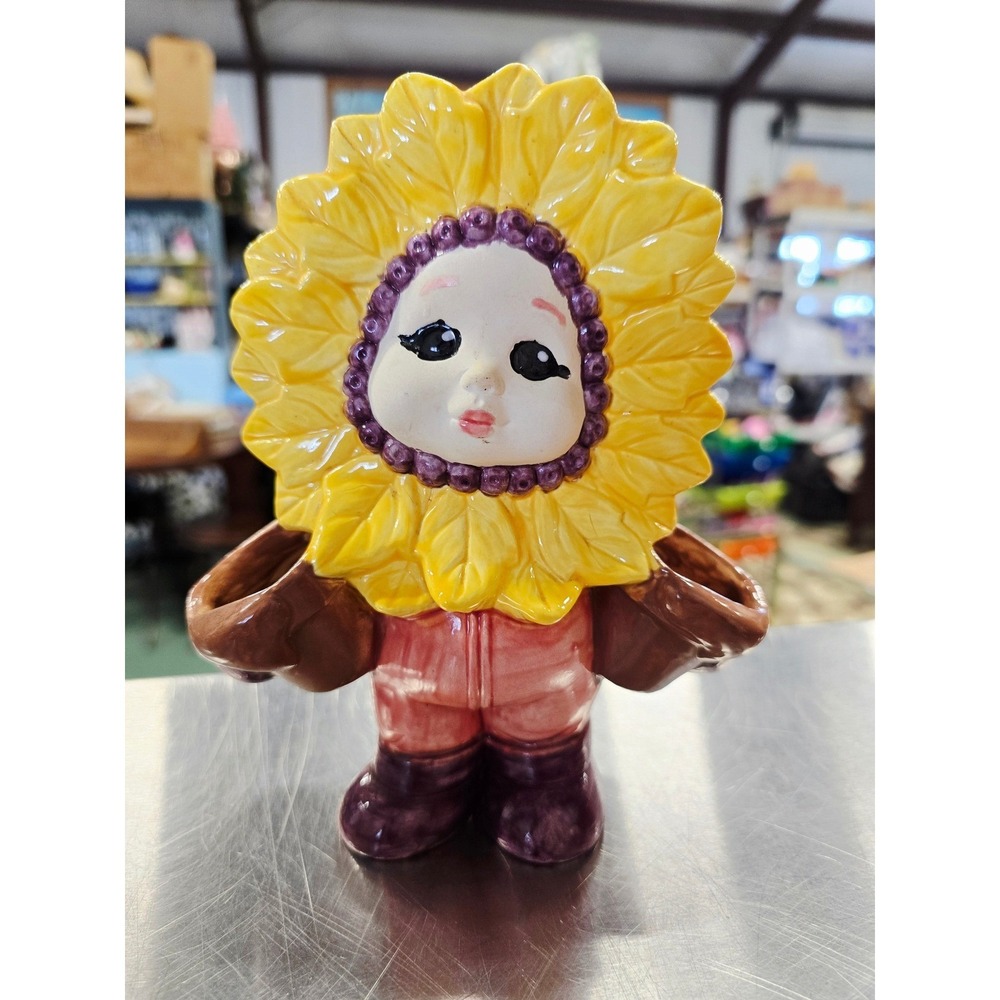 Sunflower Happy Baby planter , hand painted, Unique flower, yellow, flowers heal